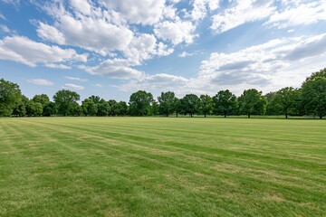 Naklejka premium The Open Green Field Under a Bright Blue Sky with Fluffy Clouds