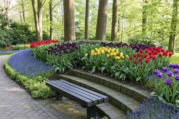 Fototapeta premium The Tulip Garden in a Tranquil Park with a Wooden Bench