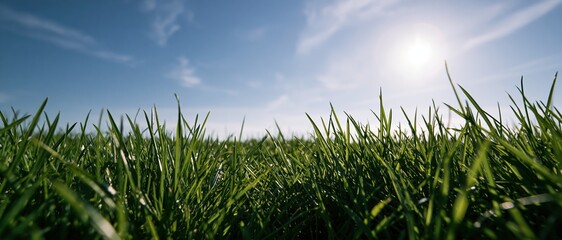 Naklejka premium Low-angle view of green grass blades under bright sunlight against a clear blue sky