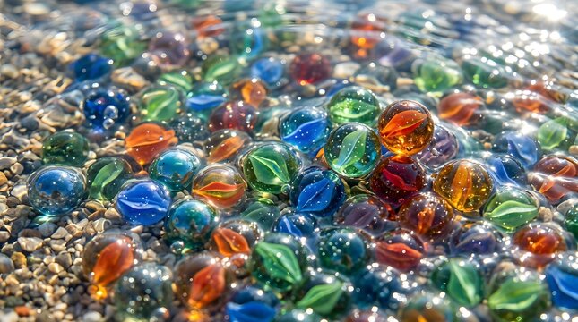 Many multi colored glass marbles in shallow water with sunny ripples on pebble beach
