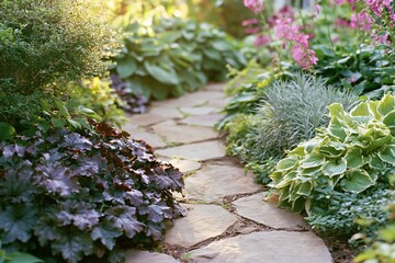 Fototapeta premium The Garden Path Through Lush Greenery and Colorful Perennials in Bloom