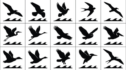 Fototapeta premium Set of fifteen black bird silhouettes flying over stylized water wave isolated on a white background, for nature and wildlife