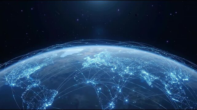 Planet Network Slow Motion with Glowing Network Connections across the Planet, navy space with a few violet stars and Global Digital Communication