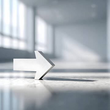 Simple white arrow pointing forward on a clean reflective floor in a bright empty modern space.