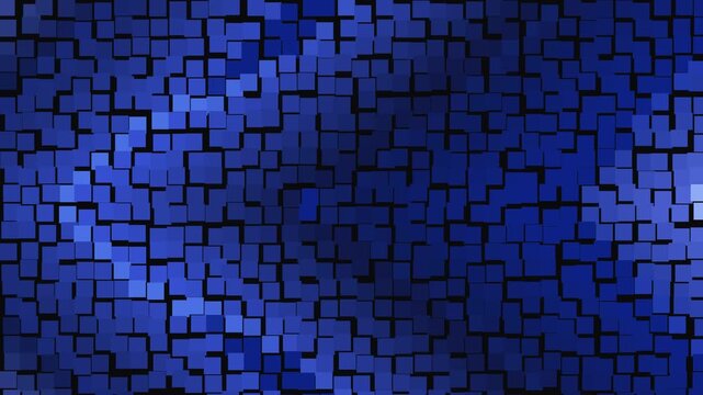 Blue digital background featuring hundreds of layered rectangular blocks with dark shadows and glowing blue tones, creating a dynamic technological mosaic texture for modern media.