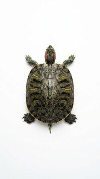 Red-eared slider turtle resting on white background with patterned shell and extended limbs