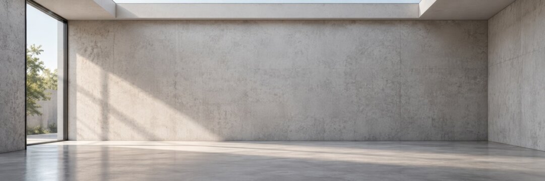 empty modern concrete room with polished floor, high ceiling and side window casting geometric sunlight across bare wall. minimal architectural space with wide copyspace. banner, website header.