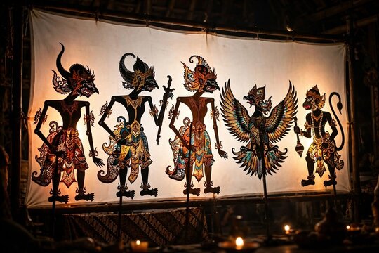Wayang kulit shadow puppets backlit on glowing screen