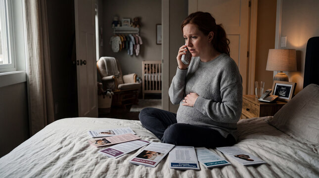 A pregnant woman in her third trimester sits on the edge of her bed calling a maternal health information hotline on a cordless phone, prenatal pamphlets spread on the duvet beside her, soft nursery