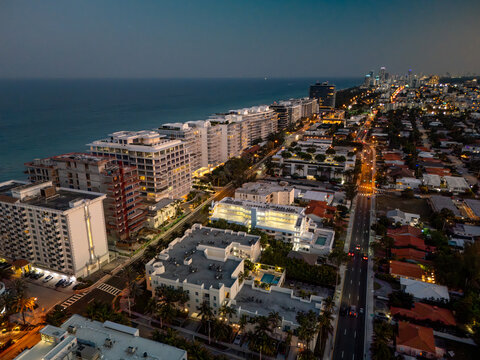 Aerial view of the Four Seasons Hotel at The Surf Club and surrounding coastal architecture along the Atlantic Ocean in Surfside, Florida, United States.