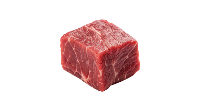 Single raw fresh red beef meat chunk cube isolated on transparent background