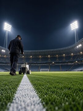 groundskeeper uses line marking machine to paint white sideline of football field under stadium floodlights at night. sports turf maintenance and match preparation with copyspace.