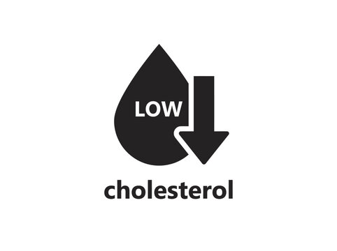 Low cholesterol icon, black drop symbol with downward arrow, medical vector art