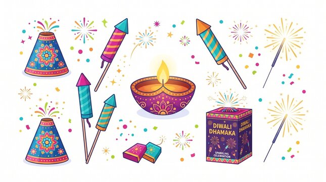 Vibrant Diwali celebration elements featuring traditional oil lamps and colorful fireworks illustrations set against white