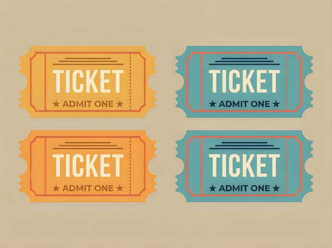Set of four vintage style admit one tickets in orange and blue colors