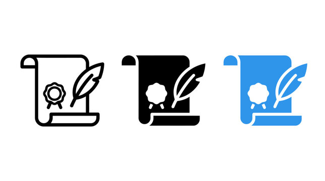 Legal Contract Document Icon Variants Design with Feather Pen and Seal Stamp
