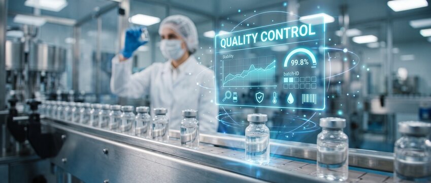 odern pharmaceutical quality control of clear glass vials on automated conveyor in cleanroom, female scientist inspecting liquid vaccine, glowing HUD interface with stability chart and batch ID, biote
