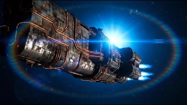 Sci-Fi Spacecraft Flying Past distant blue supergiant star flare over a navy, Armored Futuristic Starship with Glowing Engines in Deep Space