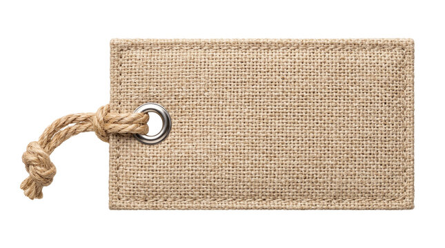 Textured burlap fabric gift tag with silver metal grommet and knotted jute rope for rustic packaging and eco friendly product labeling.