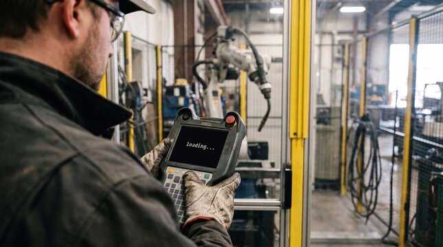 Technician Configuring Robotic Welding Cell with Teach Pendant