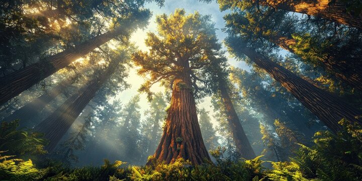 Dense forest of tall pine trees engulfed in wildfire, intense flames and smoke rising between trunks, sunlight filtered through haze, dramatic and destructive scene. Generative by AI.