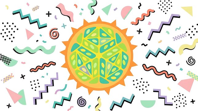 Retro 80s memphis style sun with geometric shapes and patterns