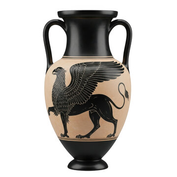 Ancient greek black amphora vase with griffin illustration for archaeological museum displays and historical pottery education.