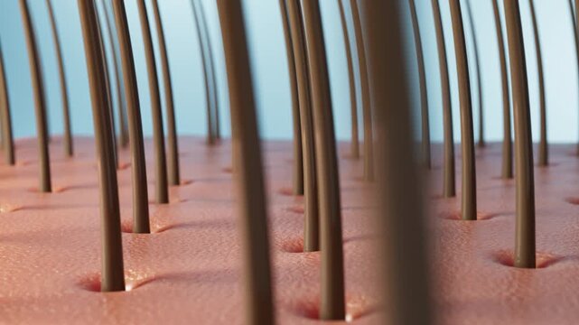 3D CGI of a powerful water stream sweeping across a dandruff-covered scalp, dislodging heavy flakes around hair follicles and exposing a clean scalp layer beneath.Ideal for anti-dandruff product.