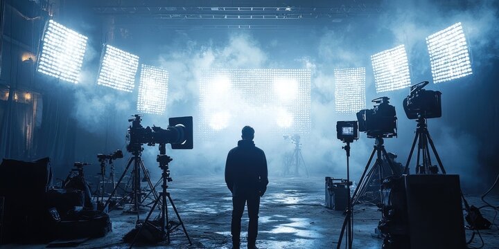 Empty film studio with large blank screen, multiple bright LED lights and cameras set up on tripods, industrial setting with blue lighting. Generative by AI.