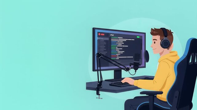 Young Male Gamer Streamer Sitting at Desk with Computer Vector Illustration