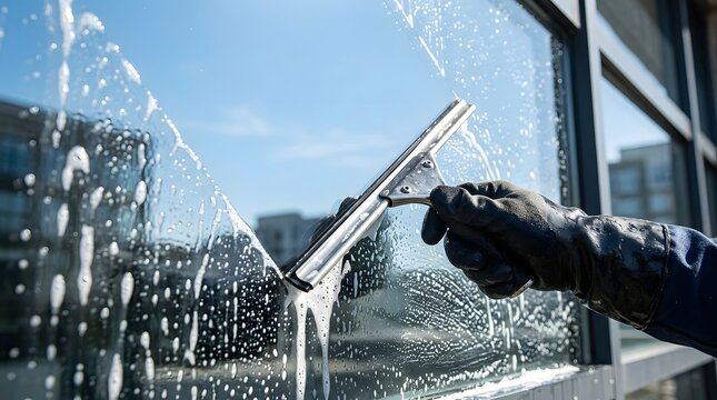 Gloved hand cleaning a soapy window with a squeegee under a bright blue sky with buildings reflected in glass.