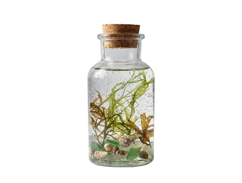 Clear glass jar with cork stopper containing sea glass shells and aquatic plants isolated on transparent background