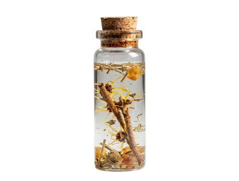Glass vial bottle with cork stopper containing herbal botanical infusion isolated on transparent background for wellness design