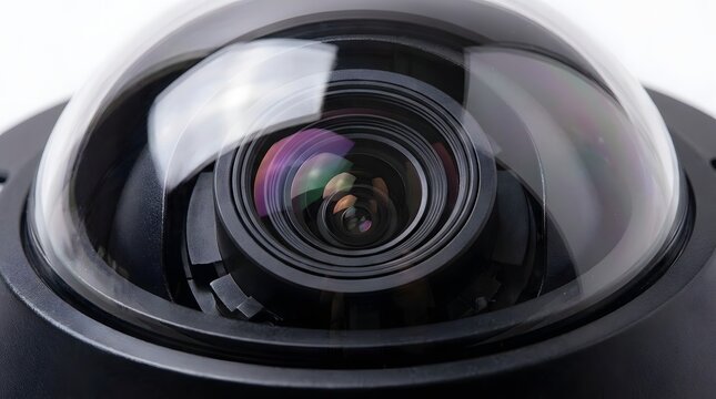 Detailed macro view of a modern black dome security camera lens with a glass dome and various lens reflections