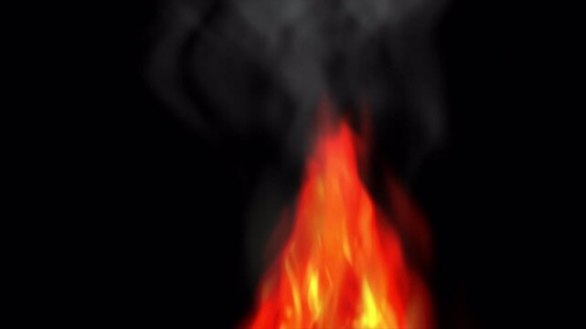 Abstract digital flame burning with dark smoke on black background.