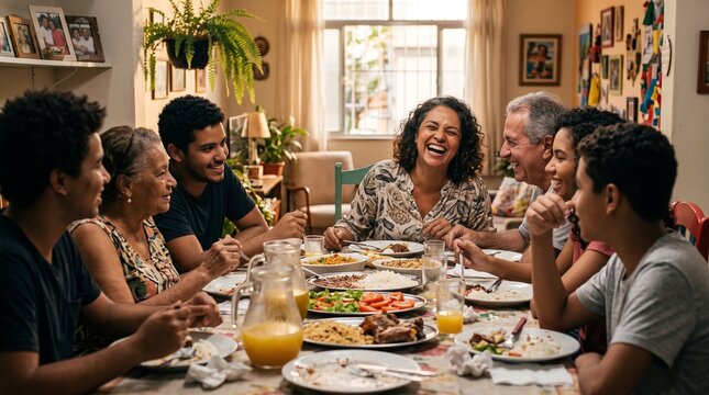 Diverse Brazilian family joyfully shares traditional meal around a rustic wooden table filled with hearty food and warm hospitality