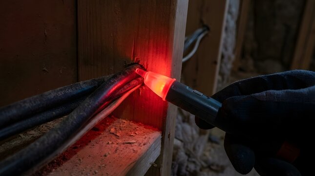 Electrician gloved hand holds red glowing voltage tester against live wire in wooden wall stud during remodel.