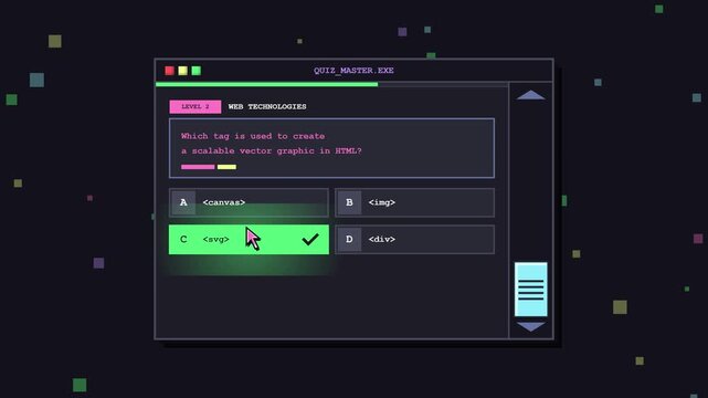 Retro Computer Programming Quiz Game Window Interface with Multiple Choice Questions