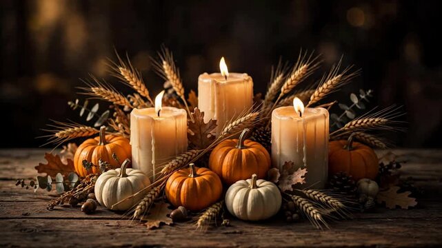 Autumn thanksgiving table decoration with lit candles, mini pumpkins and wheat ears in warm light