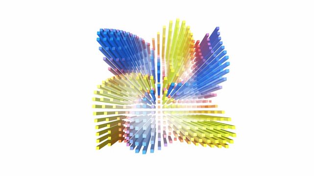 Extruded geometric cluster of multicolored square columns exploding outwards against white background in 3D art