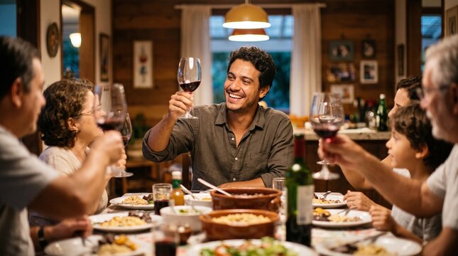 Diverse Brazilian family enjoys a festive home meal with wine and traditional dishes, celebrating cultural heritage and togetherness
