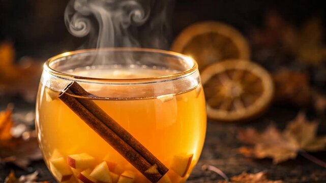 Hot apple cider with cinnamon stick and apple pieces in glass cup with steam rising