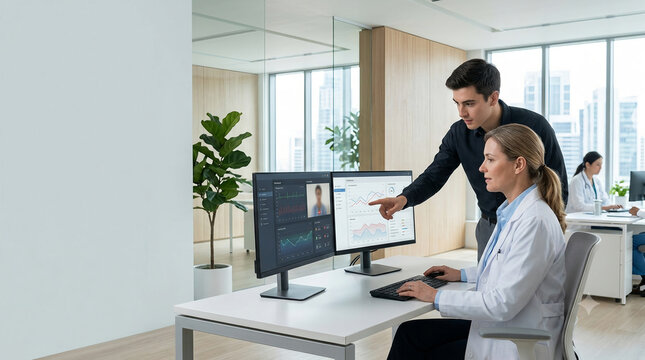 Doctors reviewing remote patient vitals and telehealth data on dual monitors in a modern digital health center with copy space.