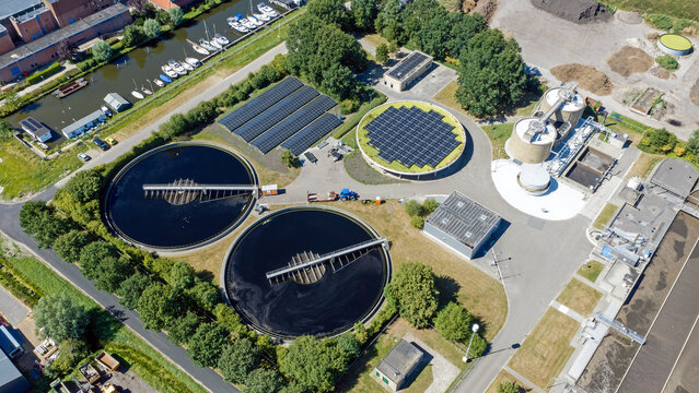 Aerial view of wastewater Treatment Plant with Solar Energy in Burgum, Netherlands