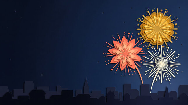 Bright colorful fireworks exploding over dark city skyline at night with vibrant sparks and glowing festive atmosphere