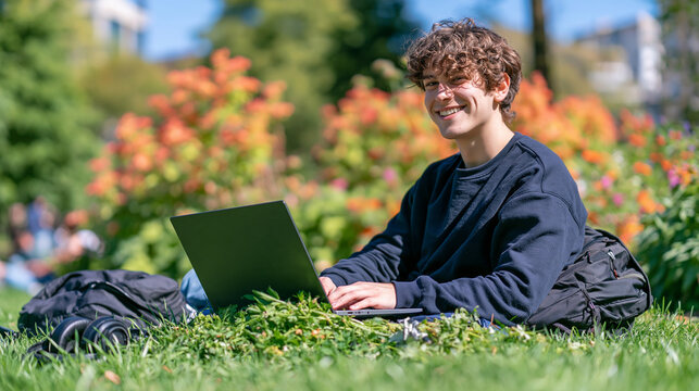 Rear perspective of a smiling young student using a laptop while relaxing on grass in a sunny public park, backpack and headphones nearby, bright natural environment, fresh green vegetation, carefre