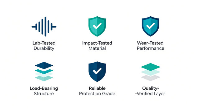 The deep green shield quality inspection logo icon represents impact wear resistance and laboratory testing, suitable for product quality certification promotional posters.
