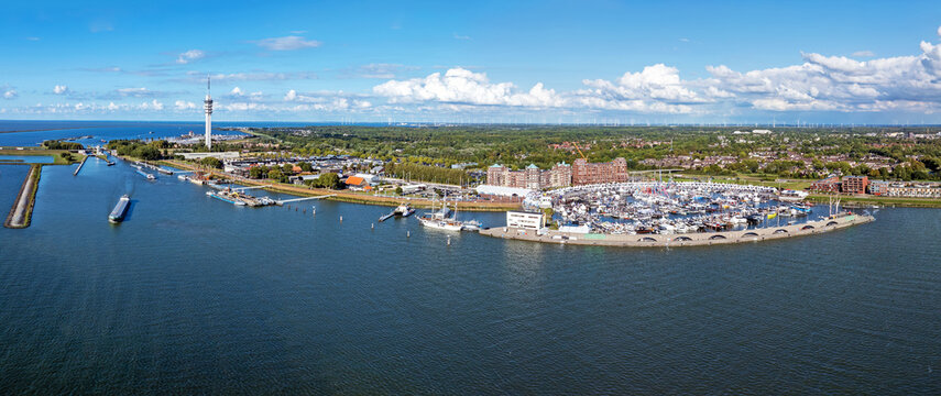 Aerial panorama of Lelystad city and harbor in the Netherlands