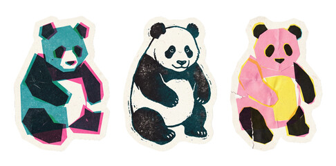 Unique cutout old print style panda illustrations featuring a trio of colorful and artistic designs on white background © Septi.First