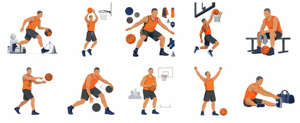 Professional Male Basketball Player Action Poses and Training Equipment Illustration Set © Edii
